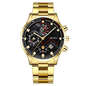 Reloj cronógrafo para hombre en acero inoxidable dorado con esfera negra y calendario