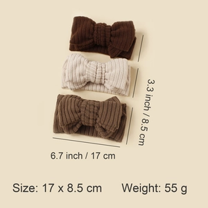 Three-piece set of knitted baby bow headbands in brown and beige with size dimensions