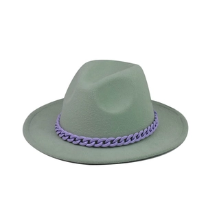Detail of grey-green wool fedora hat featuring a bold purple chain band decoration