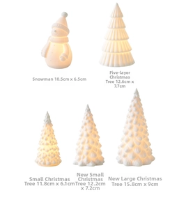 Luminous white ceramic Christmas tree and snowman ornaments with warm LED glow