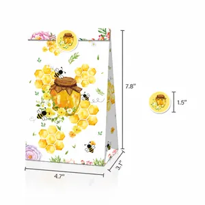 Detailed dimensions of the bee-themed kraft paper gift bag and matching round stickers