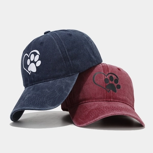 Unisex washed cotton baseball caps with heart paw prints in navy and burgundy red