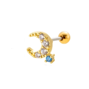 Goldener Mond-Ohrstecker mit weißen und blauen Zirkonia auf poliertem Edelstahlstift