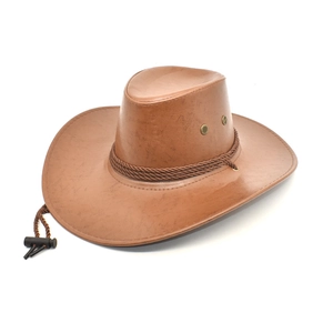 Brown faux leather western cowboy hat with braided rope trim and adjustable chin strap