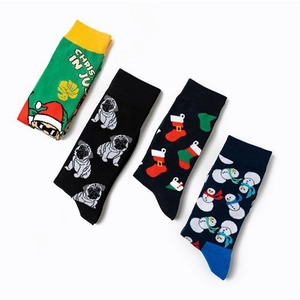 Christmas and cartoon themed long socks featuring Santa, pug, and snowman patterns