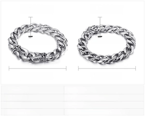 Detailed size chart for stainless steel dragon and snake pattern men bracelets with weight info