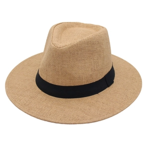Classic straw fedora hat in khaki with black ribbon for beach sun protection