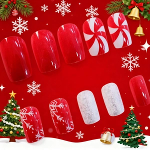 Classic red Christmas press-on nails featuring snowflakes, stripes, and silver glitter design