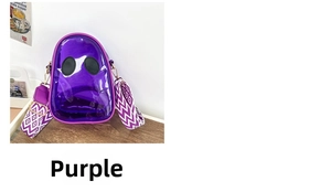 Detail of purple transparent PVC ghost bag with geometric pattern wide shoulder strap