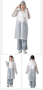 Front and back views of a translucent white EVA waterproof hooded raincoat for children