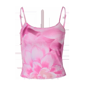 Detail of pink floral print on summer camisole top with soft blossom patterns