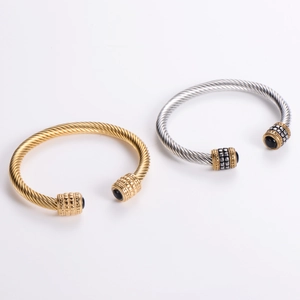 Stainless steel cable twist open cuff bracelet with black onyx stones in gold and silver