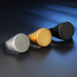 Minimalist men's titanium steel signet rings in silver, gold, and black brushed metal