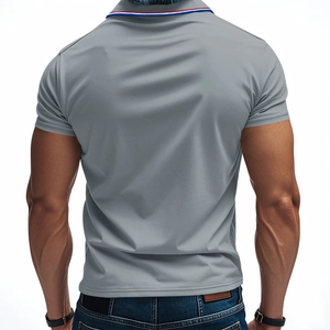Detail of grey polo shirt collar with red, white and blue contrast striped ribbing