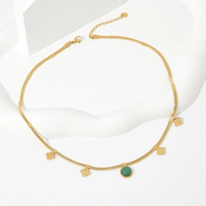 Gold stainless steel snake chain necklace with green aventurine and clover charms