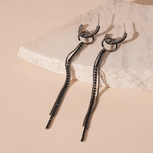 Dark style geometric circle earrings with long black rhinestone tassels and silver needles