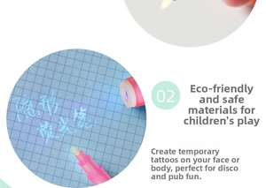 Detail showing eco-friendly invisible UV pen ink used for safe temporary skin tattoos