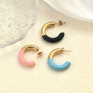 Three pairs of C-shaped stainless steel earrings in gold finish with colorful enamel coating