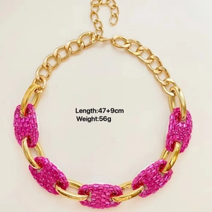 Vintage chunky gold necklace with pink rhinestone pig nose links, Length 47+9cm