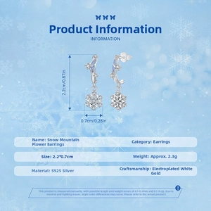 Detailed dimensions of S925 silver snowflake earrings with blue enamel and dimensions info