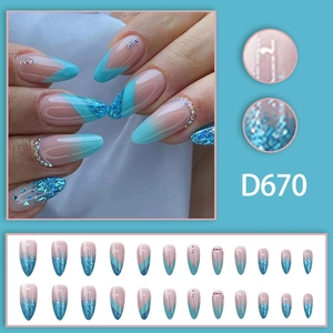 Blue French gradient almond press-on nails with glitter and rhinestones D670 set