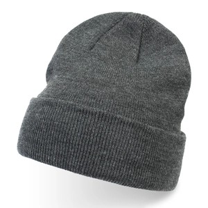 Close-up of charcoal gray knitted beanie showing ribbed texture and fold-over cuff