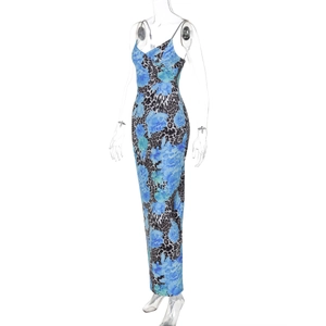 Vue détaillée du motif floral bleu et léopard sur une robe longue d'été ajustée