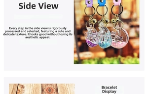 Detail of creative moon-shaped quicksand keychain with stars, sequins and golden bell