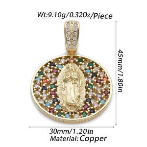 Detail of 14K gold plated Virgin Mary pendant with colorful stones and dimensions