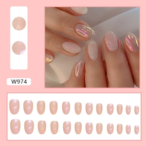 Glittery Aurora pink press-on nails set with 24 oval-shaped faux nail pieces for women