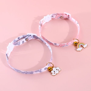 Adjustable pet collars with rainbow and cloud charms in pink and purple floral prints