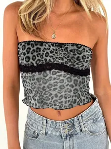 Detail of grey leopard print tube top with black lace trim and fitted mesh texture