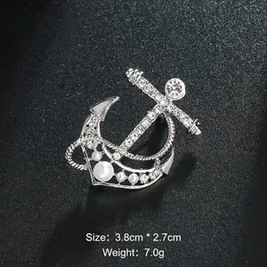 Silver anchor brooch with pearls and crystals for nautical style fashion accessories