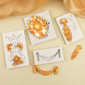Detailed macro view of baroque relief silicone cake mold with intricate golden patterns