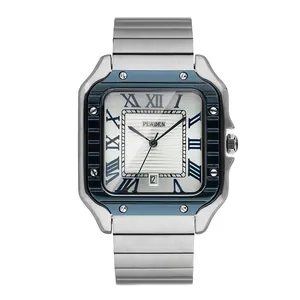Classic silver stainless steel square business watch for men with blue bezel and white dial