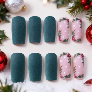 24pcs Christmas press-on nails featuring matte green and holly berry hand-painted designs