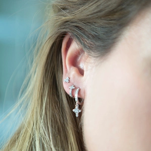 Luxurious S925 silver hoop earrings set with sparkling cross and clover zircon studs