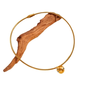 18K PVD gold hollow stainless steel collar necklace with round bead on natural wood