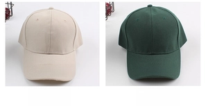 Detailed comparison of beige and dark green cotton baseball caps with curved brims