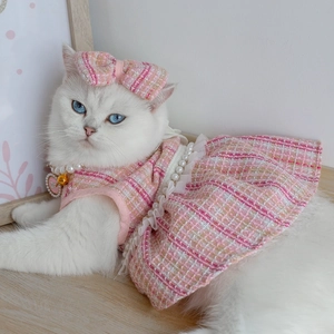 Pink tweed pet princess dress with faux pearl lace trim and matching bow headwear