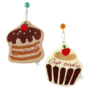 Cartoon coral fleece hand towels with dessert embroidery and hanging loops for kitchen