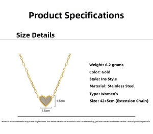 Detailed view of 14K gold plated heart necklace with 42+5cm length and size specs