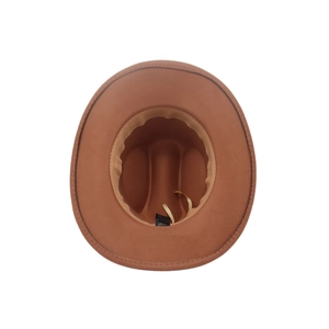 Detail view of the interior brown wide brim fedora showing the sweatband and care label