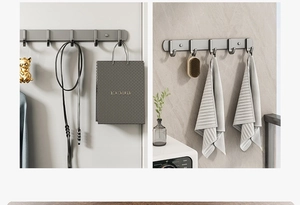 Detail of gray aluminum hook rack used in entryway and balcony scenes with a sleek finish