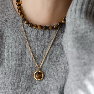 Retro Round Tiger Eye Stone Pendant Necklace For Women Alloy Rope Chain Vintage Maillard Style Jewelry Brown Gold