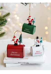 Three-piece festive metal Christmas mailbox ornaments with Santa and snowman figurines