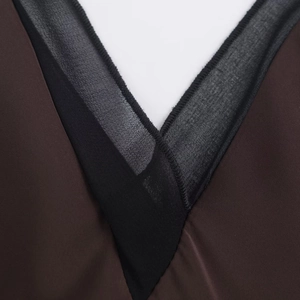 Deep V-neck satin midi dress in dark brown and black mesh featuring a holiday style design
