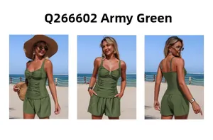 Army green two-piece tankini set featuring camisole top and high-waisted shorts view