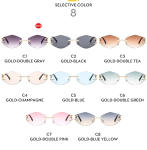 Flat lay of rimless hexagon sunglasses in eight assorted lens colors with gold metal temples