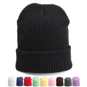 Ribbed Knit Beanie Winter Hat Acrylic Cuffed Solid Color Windproof Warm Outdoor Skull Cap Unisex